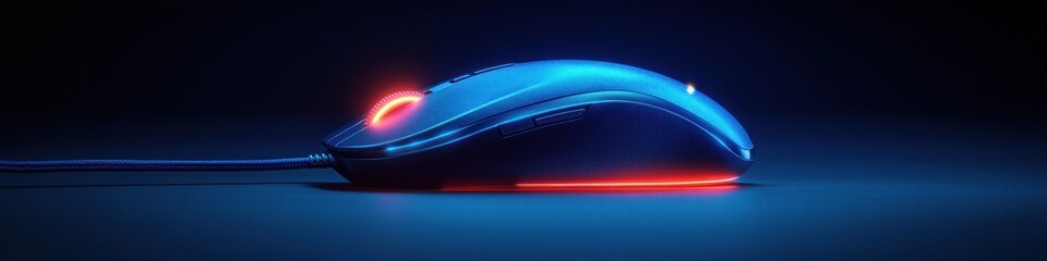 Blue computer mouse with cable forming support word minimalist 3D render modern technology concept