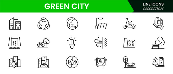 Green city, renewable energy, zero waste, eco, fresh air, pure water, electric vehicles, recycling, environment, bike, landscape, Vector illustration.