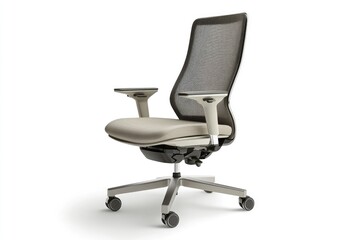 Fototapeta premium Modern beige office chair with mesh back, adjustable arms, and wheeled base.
