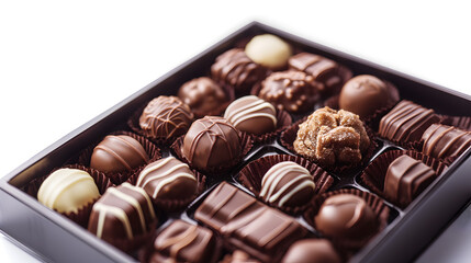 A box of assorted chocolates with a white background