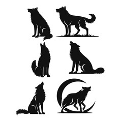Silhouette vector logo set of wild wolves in different poses, including howling, running, sitting, standing, and snarling in black and white background, clean, minimal icon style 