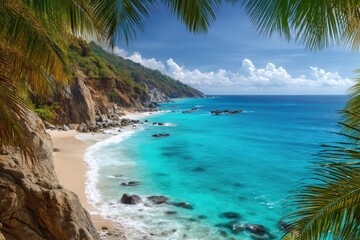 Tropical Beach with Crystal Clear Water and Lush Greenery in High Definition