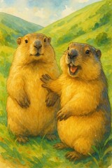 Adorable Groundhogs in Watercolor Meadow Illustration