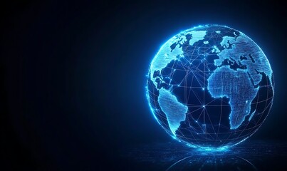 The globe is illuminated with digital connections, showcasing global data networks in a striking blue color against a dark background 