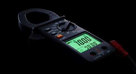 Black Clamp Meter with Green Digital Display on Black Background