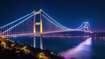 Fototapeta premium Illuminated Bridge at Night Over Waterway