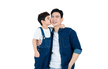 Naklejka premium portrait of asian father and son posing on white background