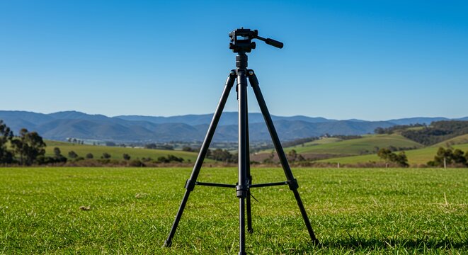 Black Tripod on Green Field with Mountain Background
