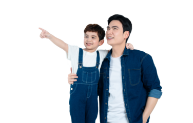 portrait of asian father and son posing on white background