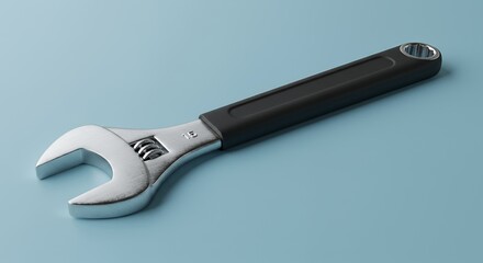 Obraz premium Chrome Adjustable Wrench with Black Handle on Light Blue Background