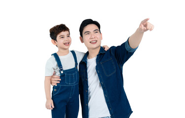 portrait of asian father and son posing on white background