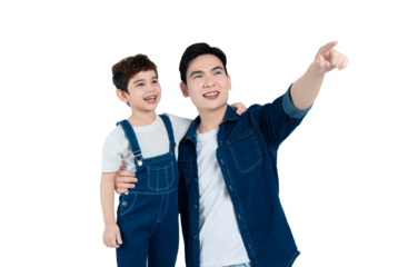 portrait of asian father and son posing on white background