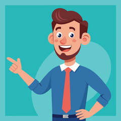 Happy man pointing into a blank copy space spot with two hands