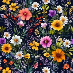 vibrant seamless floral pattern with wildflowers leaves vintage botanical illustration dark navy background summer spring garden bloom