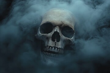 Ethereal human skull in mist with dark moody background