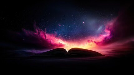 Open book on starry cosmic cloudscape