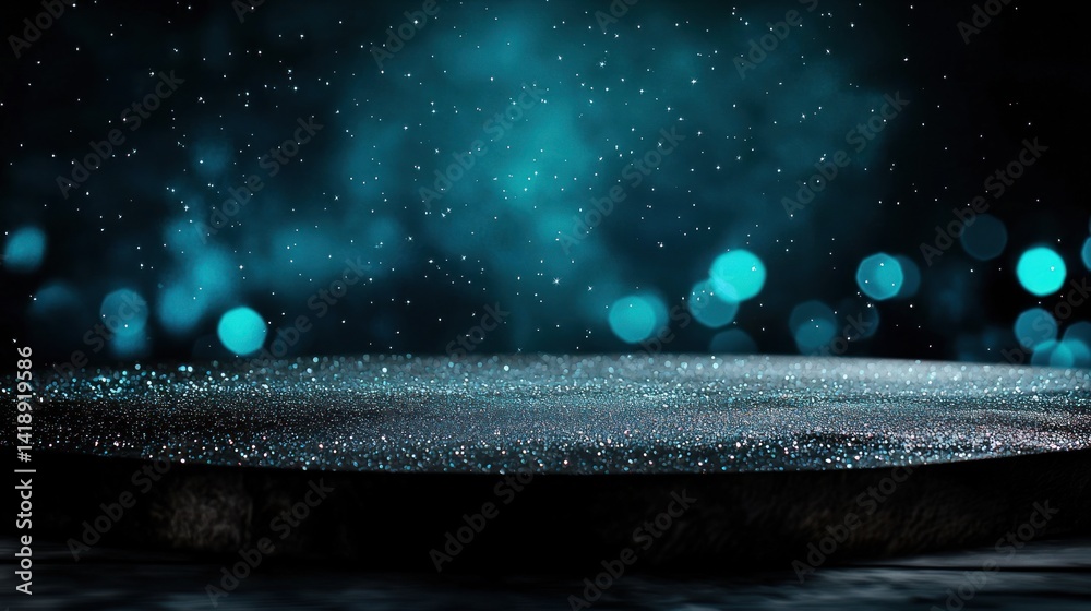 Canvas Prints Dark Wood Round Display Platform with Teal Bokeh Background