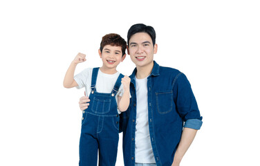 Fototapeta premium portrait of asian father and son posing on white background