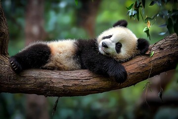 Fototapeta premium Adorable panda bear snoozing on a tree branch in its natural habitat.