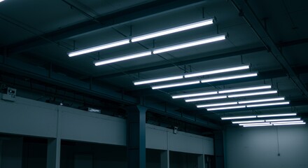Long Fluorescent Lights in Dark Industrial Interior