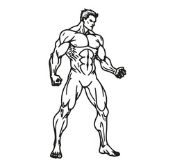 The figure is in a powerful stance with clenched fists and legs slightly apart.