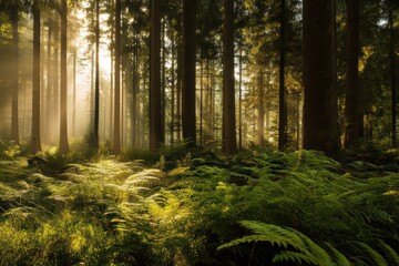 Fototapeta premium Lush Forest with Ferns and Sunlight in High Definition
