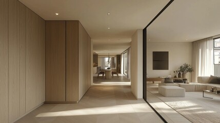 Modern minimalist hallway leading to open-plan living area