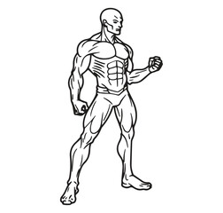 The figure is standing in a powerful stance, with one fist clenched at his side and the other leg slightly forward.