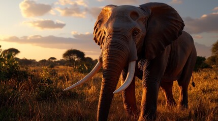 Obraz premium Majestic Elephant in African Savanna Sunset