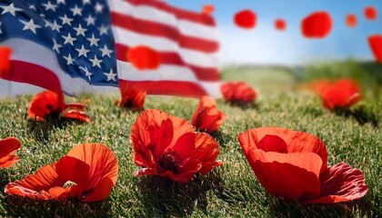 A close-up of red poppies scattered on a green lawn, with an American flag in the background, softly blowing in the wind