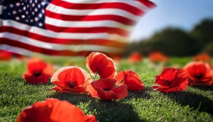 A close-up of red poppies scattered on a green lawn, with an American flag in the background, softly blowing in the wind