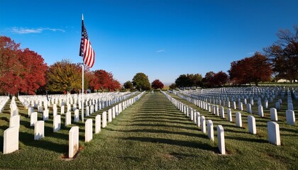 A peaceful military cemetery with rows of white gravestones, each decorated with an American flag, under a clear blue sky