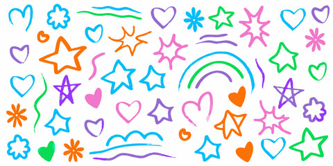 Colorful Doodle Elements Vector Set, Hand Drawn Stars and Hearts Clipart, Cute Doodle Shapes for Kids Design, Rainbow and Star Sketches Collection, Playful Scribble Style Elements Vector