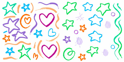 Colorful Doodle Elements Vector Set, Hand Drawn Stars and Hearts Clipart, Cute Doodle Shapes for Kids Design, Rainbow and Star Sketches Collection, Playful Scribble Style Elements Vector