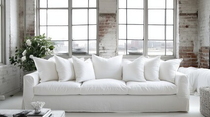 Spacious room with a white slipcovered couch and large windows