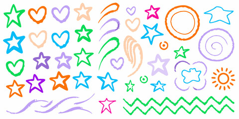 Colorful Doodle Elements Vector Set, Hand Drawn Stars and Hearts Clipart, Cute Doodle Shapes for Kids Design, Rainbow and Star Sketches Collection, Playful Scribble Style Elements Vector