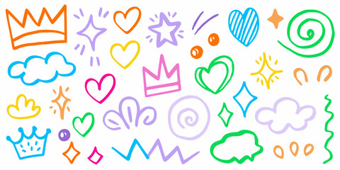 Colorful Doodle Elements Vector Set, Hand Drawn Stars and Hearts Clipart, Cute Doodle Shapes for Kids Design, Rainbow and Star Sketches Collection, Playful Scribble Style Elements Vector