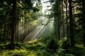 Fototapeta premium Sunlight Beams in Lush Forest with High Definition Details