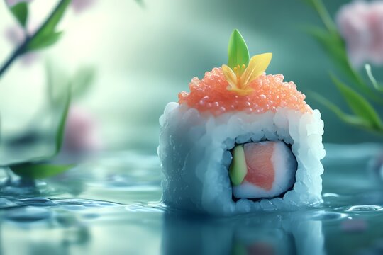 A single piece of sushi, topped with salmon roe and a tiny flower, floats gently on water. The serene scene evokes calmness and freshness. Perfect for food blogs and restaurant menus.
