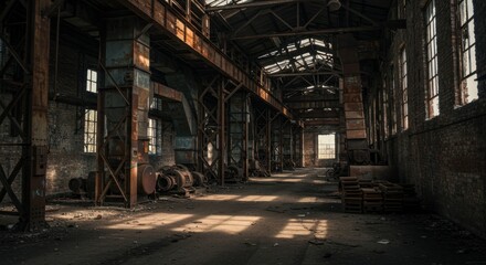 Dark Interior of Abandoned Industrial Factory Building