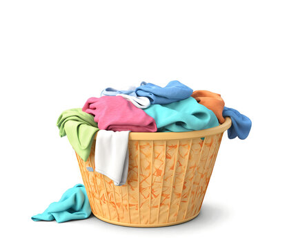 Illustration of a cheerful laundry basket overflowing with assorted garments, capturing the essence of domestic chores and colorful fabric in an appealing scene