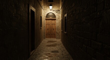 Fototapeta premium Dark Night Alleyway with Old Wooden Door