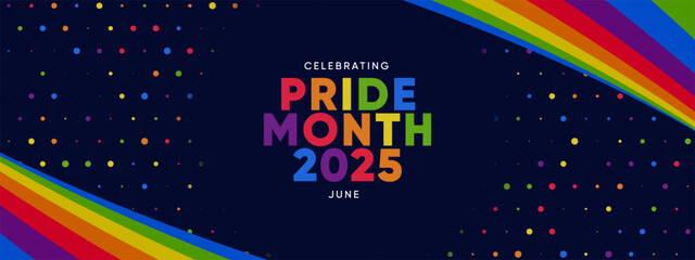 Obraz premium Pride Month Banner With Rainbow Gradient Ribbon Background. Celebrating Pride Month Web Banner Design. Trendy Pride Banner with Pride Month Text and Colorful Rainbow.