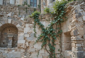 Fototapeta premium Overgrown stone ruins surrounded by greenery in a historical location
