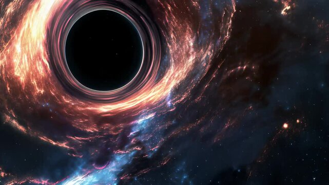 Cosmic abyss: supermassive black hole, event horizon secrets, gravitational effects, galactic core, space-time disruption, wormhole speculation, astronomical wonder, universal force.