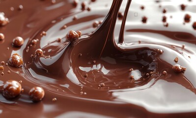 Close-up of flowing liquid chocolate splash with glossy reflections and dynamic motion