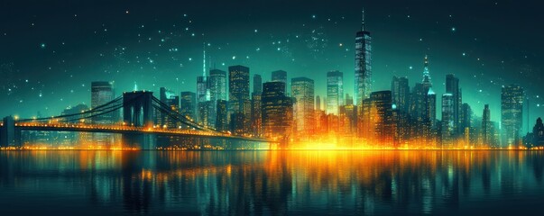 Fototapeta premium Minimalist City Skyline with Bridge and Modern Buildings in Clean Line Art Style