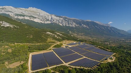 Aerial View of Vast Solar Farm nestled in Mountainous Green Landscape