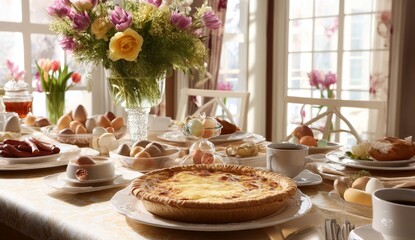 Easter Brunch: Savory Quiche with Colorful Eggs and Spring Flowers Decorates Festive Table Setting