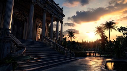 Fototapeta premium Grand mansion steps at sunset, tropical garden